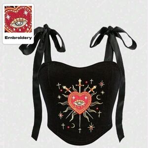 NEW Black Velvet Top with Eye and Heart Embroidery